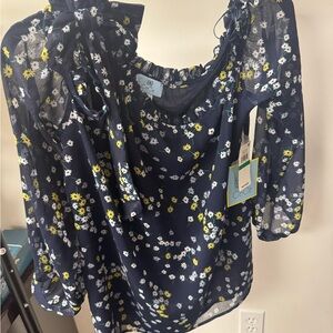 CeCe Blue and Yellow Ruffled Tie Front Blouse
